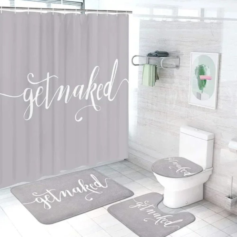Urban Outfitters 4 Pcs Waterproof Grey and White Get Naked Shower Curtain Set